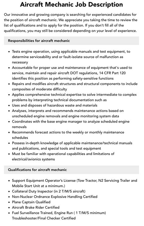 Aircraft Mechanics Job Description