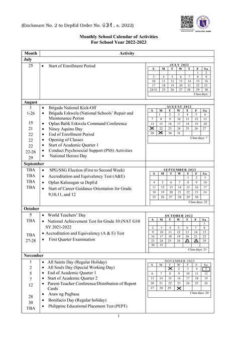 Calendar Of Activities For The Department Of Education Deped 2023