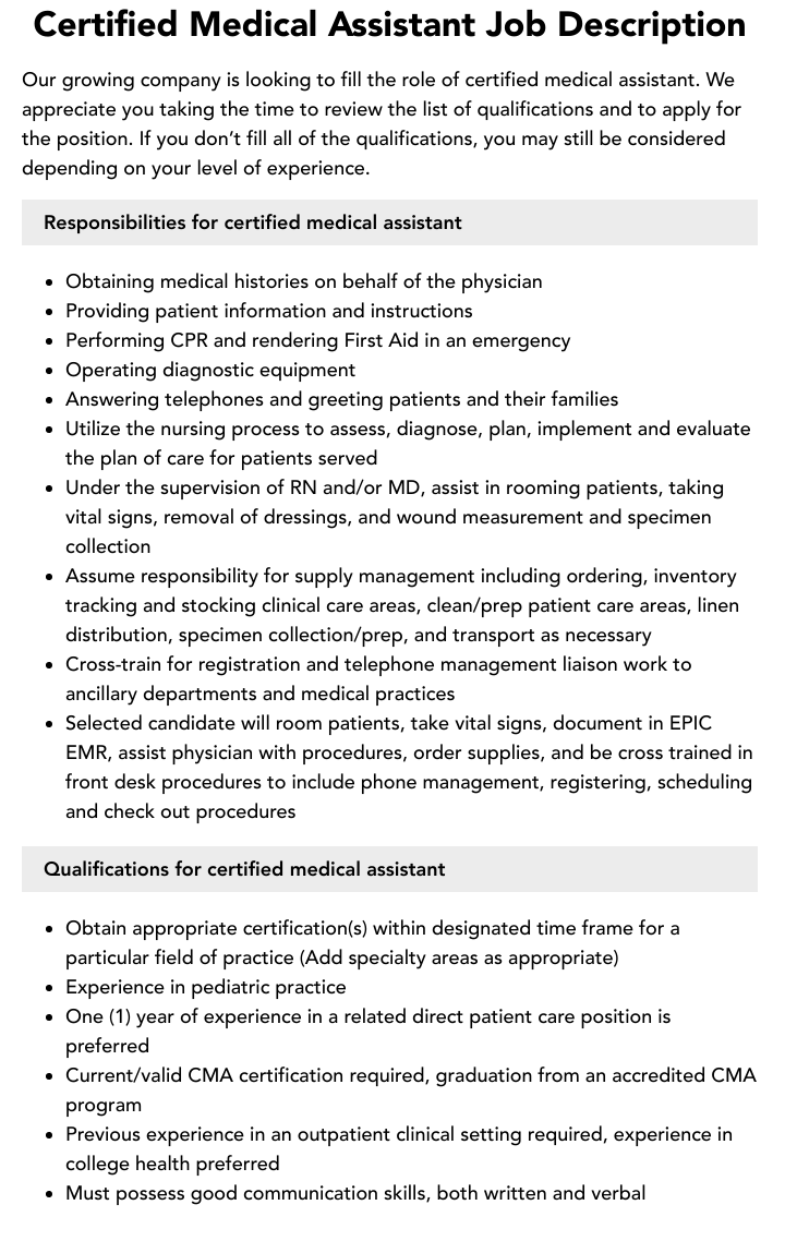 Certified Medical Assistant Job Description Velvet Jobs