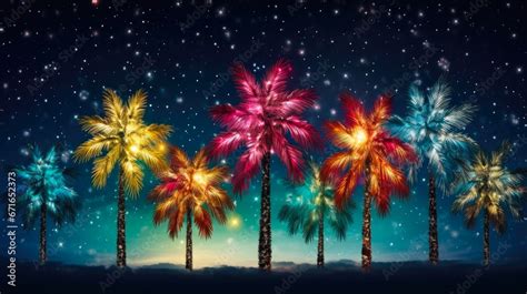 Christmas Palm Tree Festive Holiday Background With Brightly Decorated