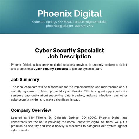 Computer Security Specialist Job Description Template