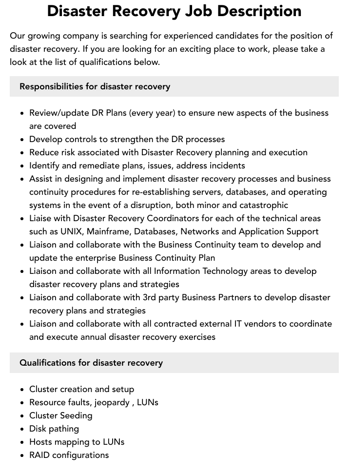 Disaster Recovery Job Description Velvet Jobs