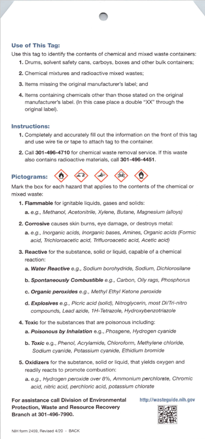 Environmental Programs The Nih Chemical Waste Tag