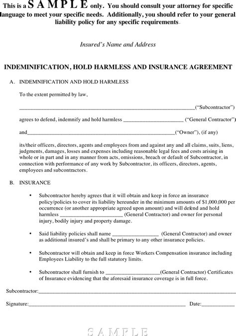 Free Hold Harmless Agreement Sample Pdf 14Kb 1 Page S