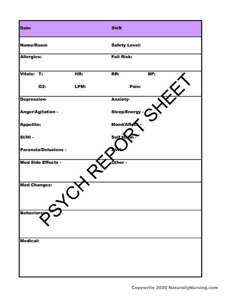 Nursing Psych Report Sheet Psych Mental Health Nurse Organizer Psych