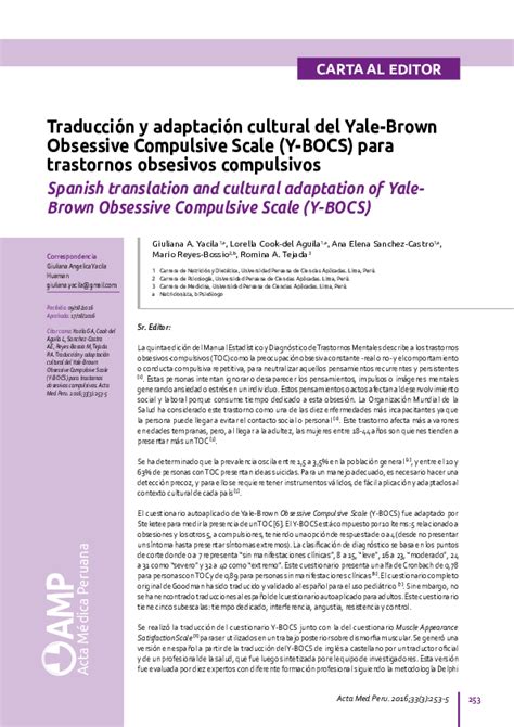 Pdf Traducci N Y Adaptaci N Cultural Del Yale Brown Obsessive Compulsive Scale Y Bocs Para