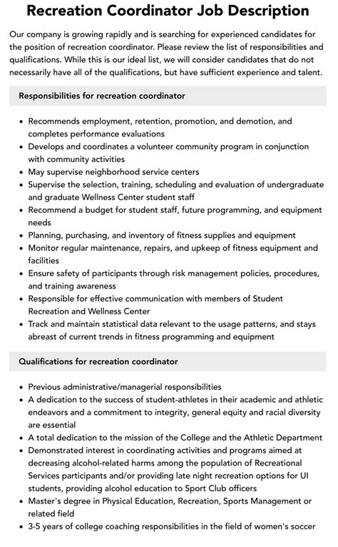 Recreation Coordinator Job Description Velvet Jobs