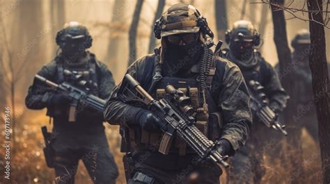 Team Of Elite Special Forces Soldiers Executing A Covert Mission Behind