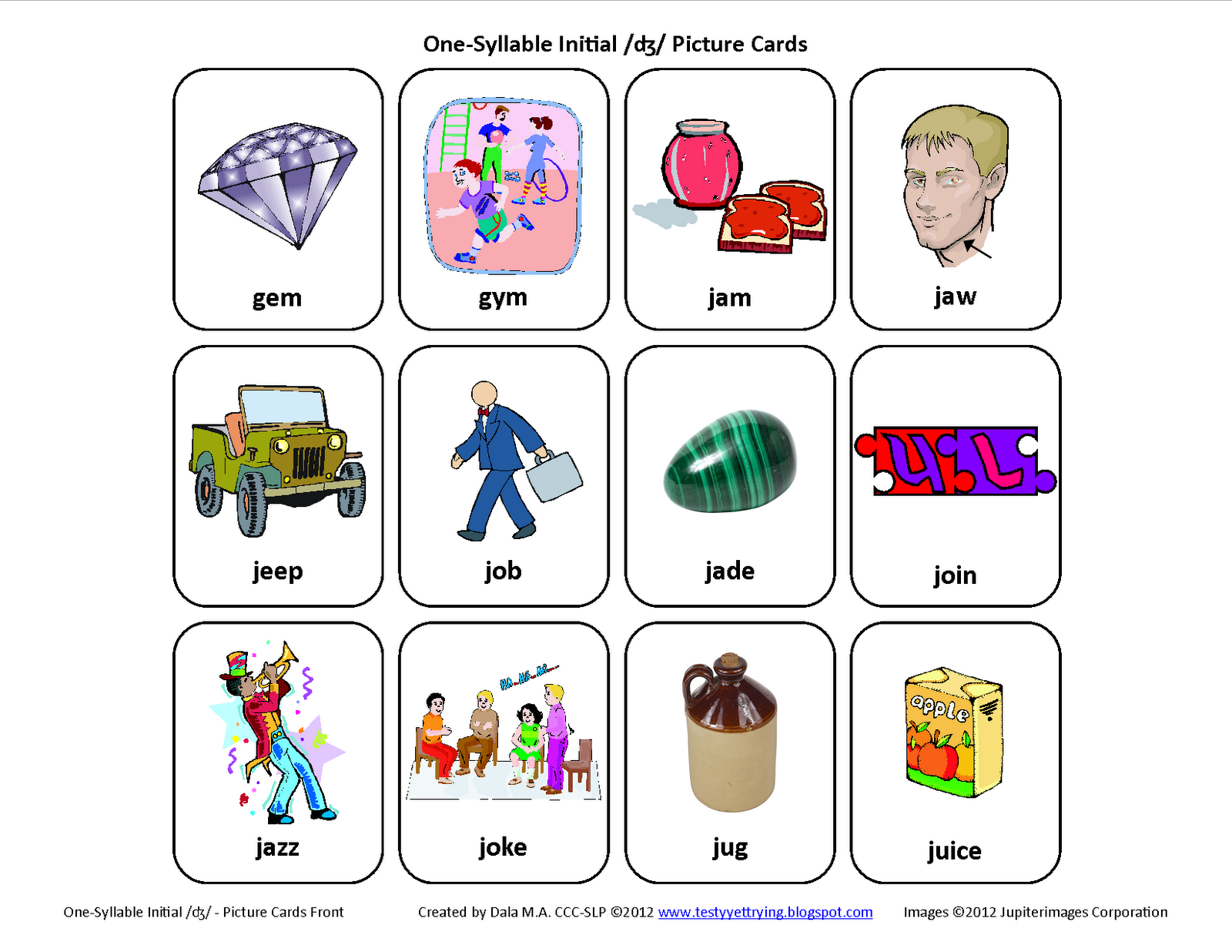 Testy Yet Trying Initial J Free Speech Therapy Articulation Picture Cards